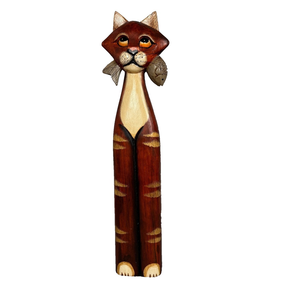 Vintage Pier 1 Imports Hand-Carved Wooden Folk-Art Cat With Fish 21" Tall